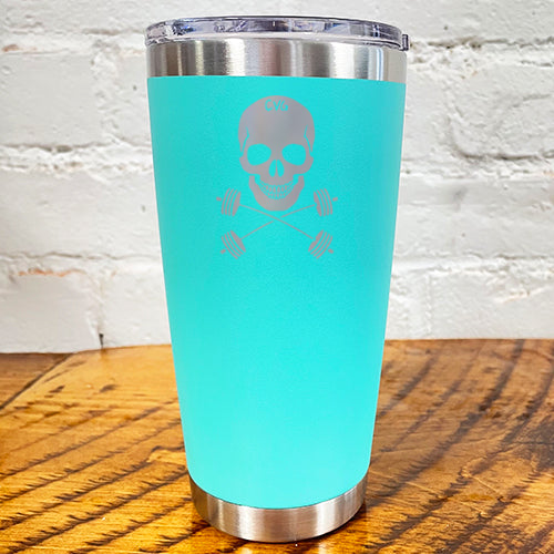 blue tumbler with skull and barbell crossbones design