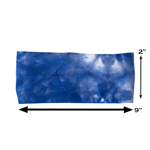blue dye hard headband measured at 2 by 9 inches