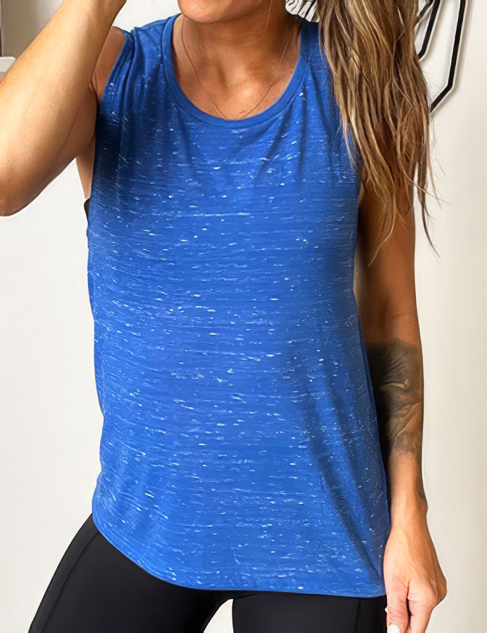 model wearing blue marble tank top