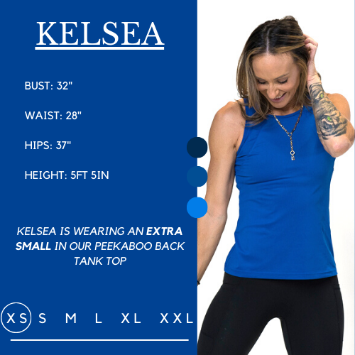 Graphic showing the measurements of a model and what size she wears for the tank. Her bust is 32 inches, waist is 28 inches, hips are 37 inches, and height is 5 foot and 5 inches. She wears an extra small in the tank