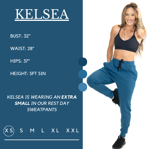 Model’s measurements of 32” bust, 28” waist, 37” hips and height of 5 ft 5 inches. She is wearing a size extra small in the rest day sweatpants