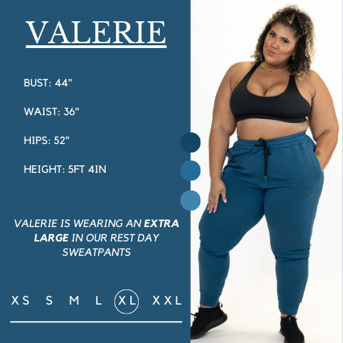 Model’s measurements of 44” bust, 36” waist, 52” hips and height of 5 ft 4 inches. She is wearing a size extra large in the rest day sweatpants