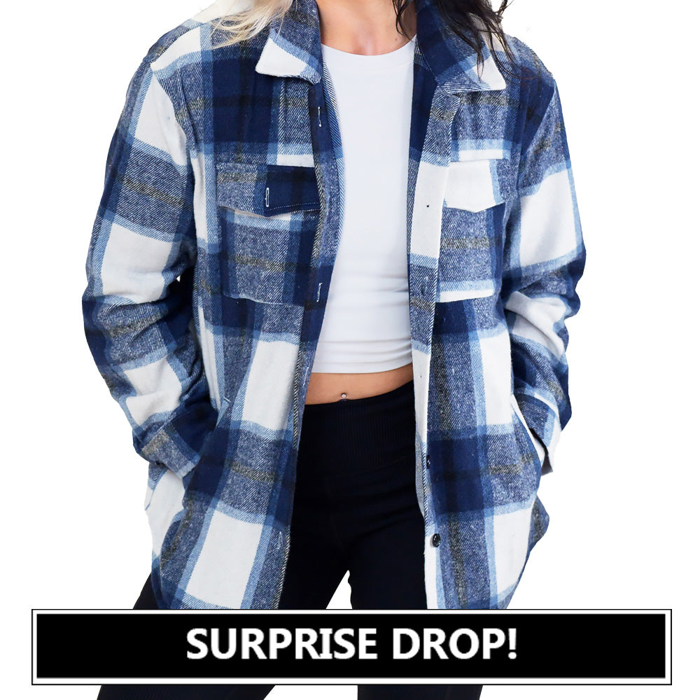 model wearing the blue plaid shacket