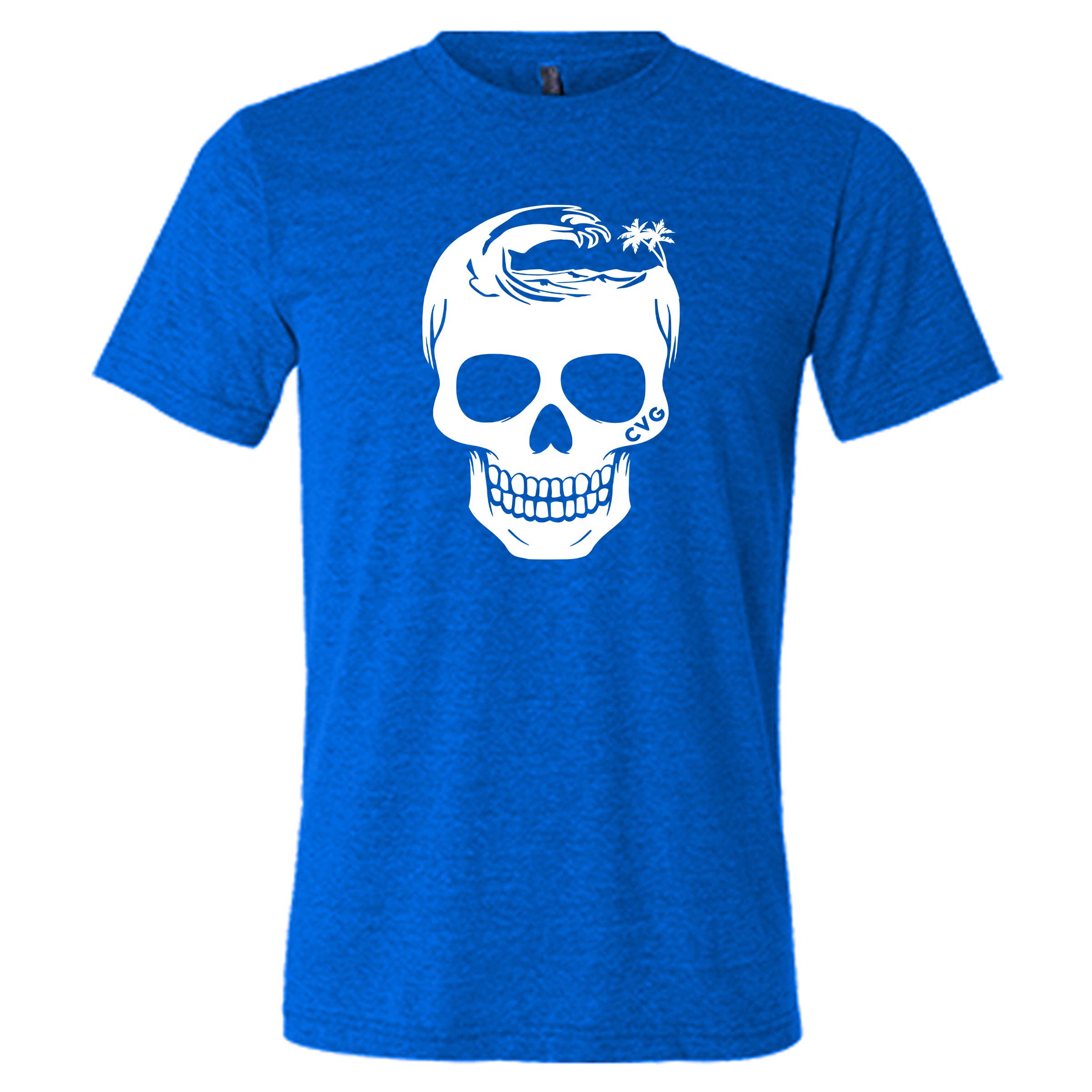 blue unisex tee with tropical skull design