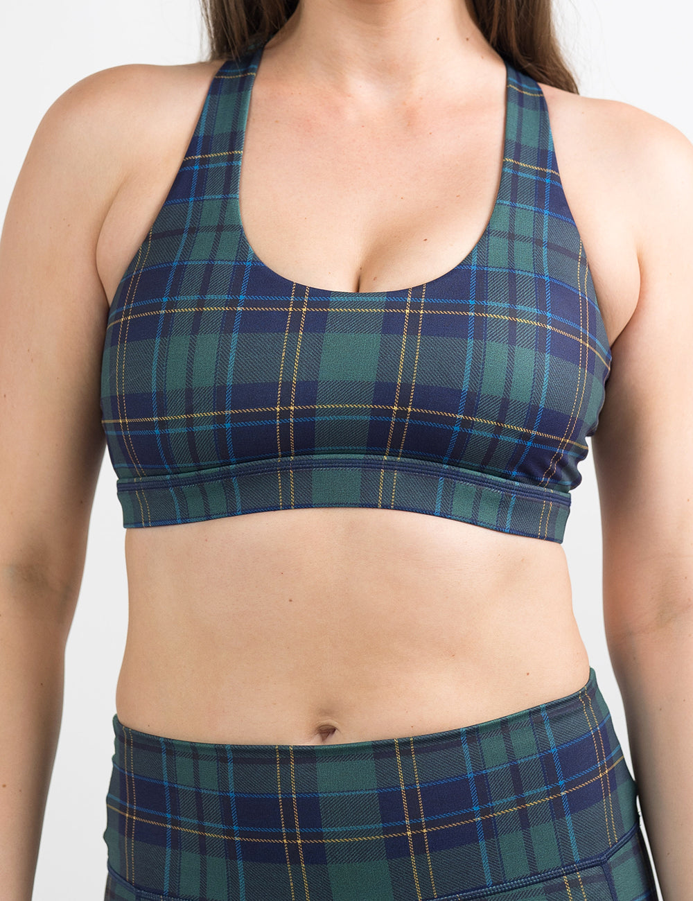 front of the blue, green, and yellow plaid bra against a white background