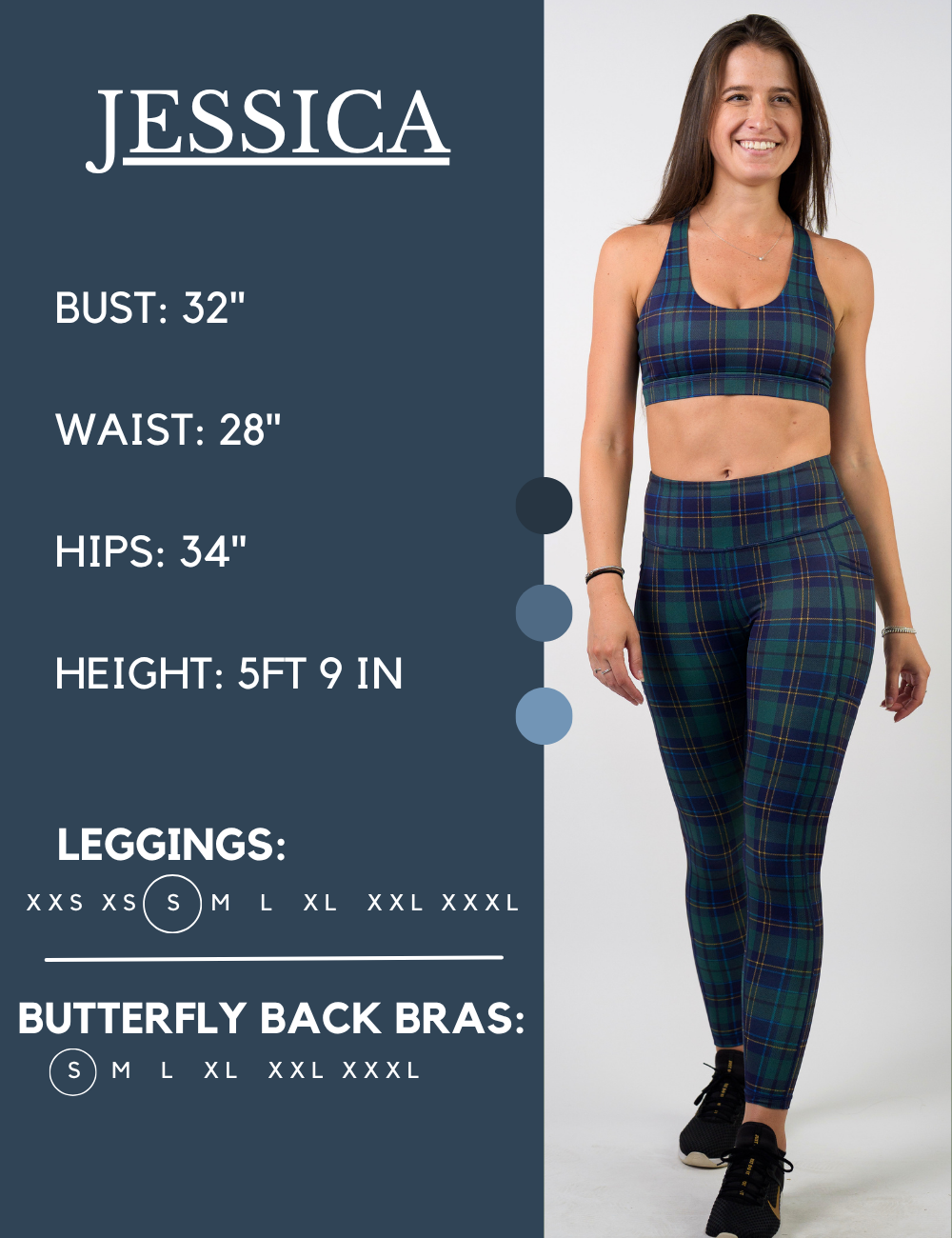 Model’s measurements of 32” bust, 28” waist, 34” hips and height of 5 ft 9 inches. She is wearing a size small in our leggings