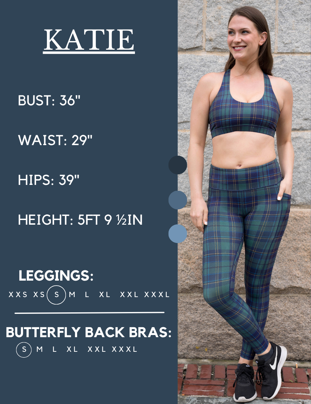 Model’s measurements of 36” bust, 29” waist, 39” hips and height of 5 ft 9 1/2 inches. She is wearing a size small in our leggings