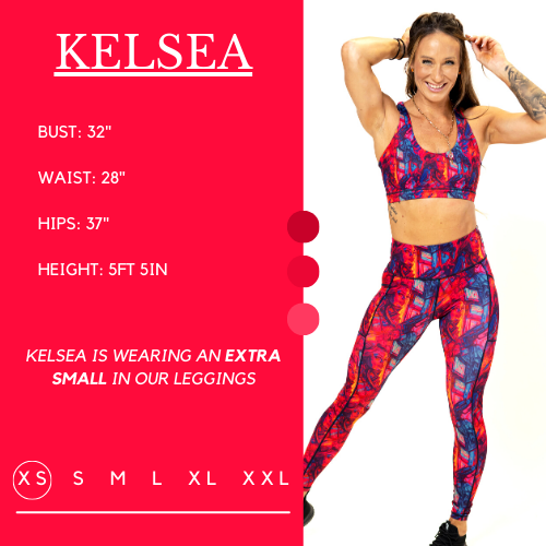 Model’s measurements of 32” bust, 28” waist, 37” hips and height of 5 ft 5 inches. She is wearing a size extra small in our leggings