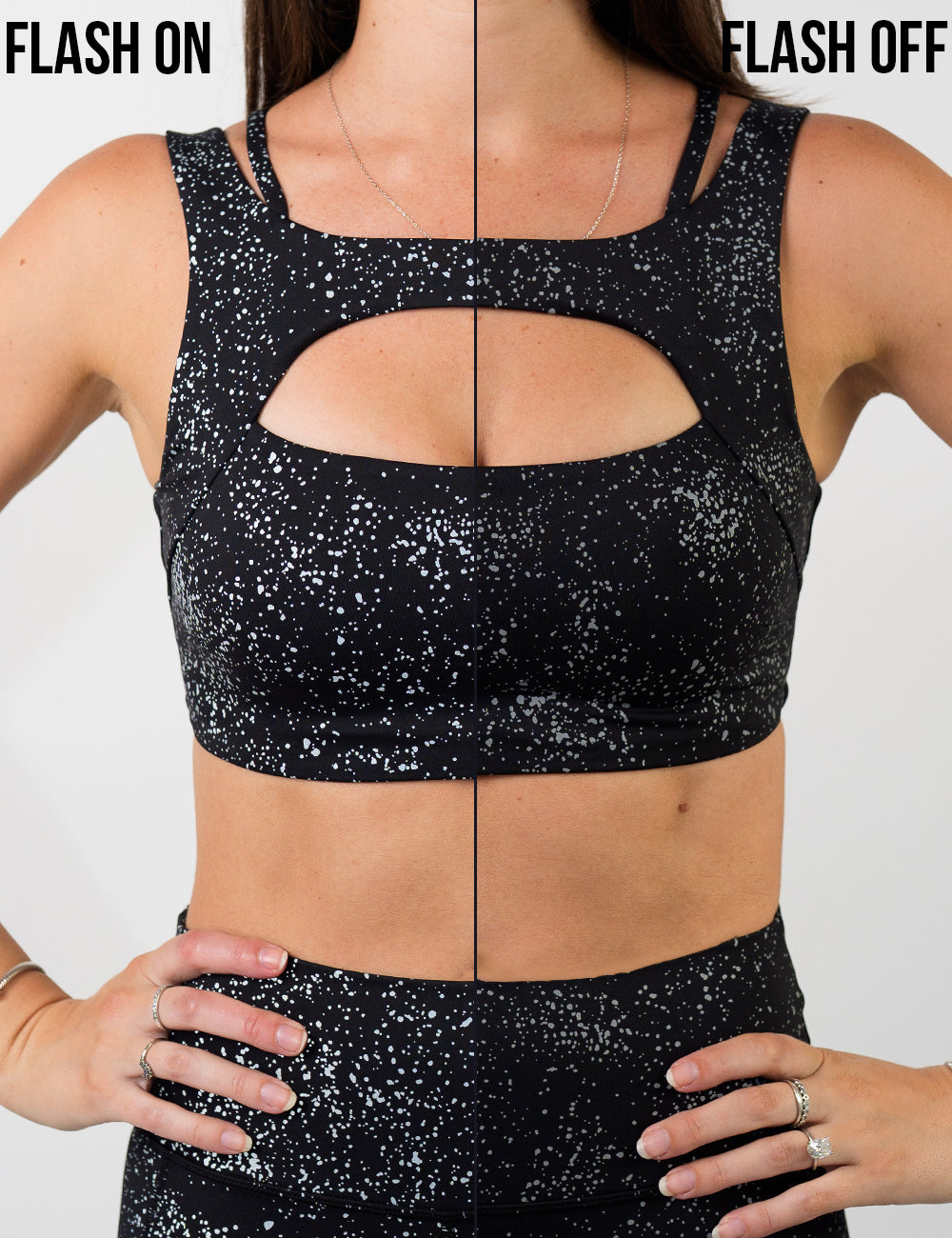 graphic showing the black bra with reflective spots reacting to a light