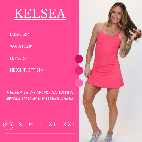 Graphic showing the measurements of a model and what size she wears for the dress. Her bust is 32 inches, waist is 28 inches, hips are 37 inches, and height is 5 foot and 5 inches. She wears an extra small in dress