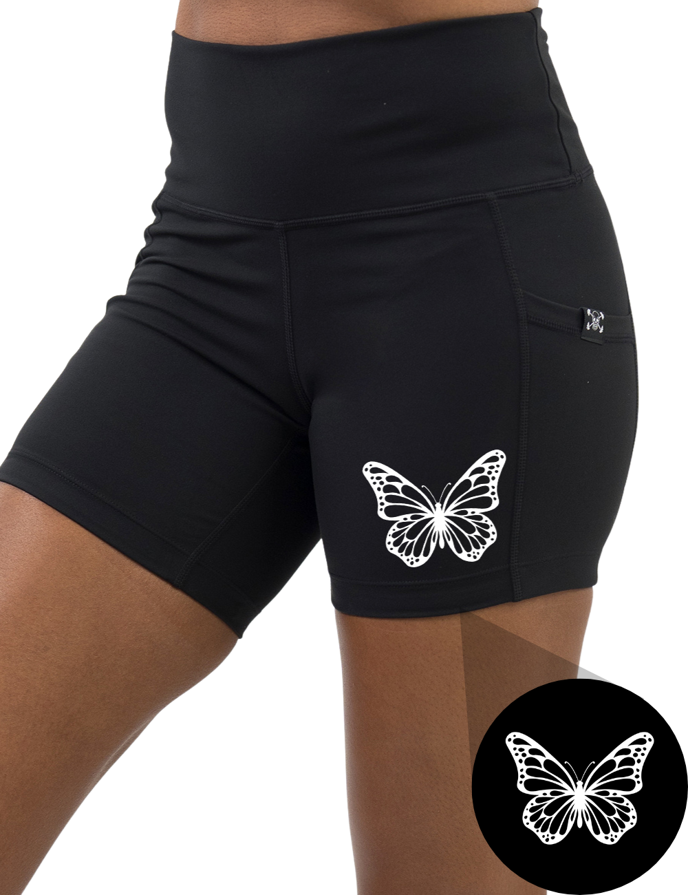 front of the 5 inch butterfly outline graphic black shorts against a white background