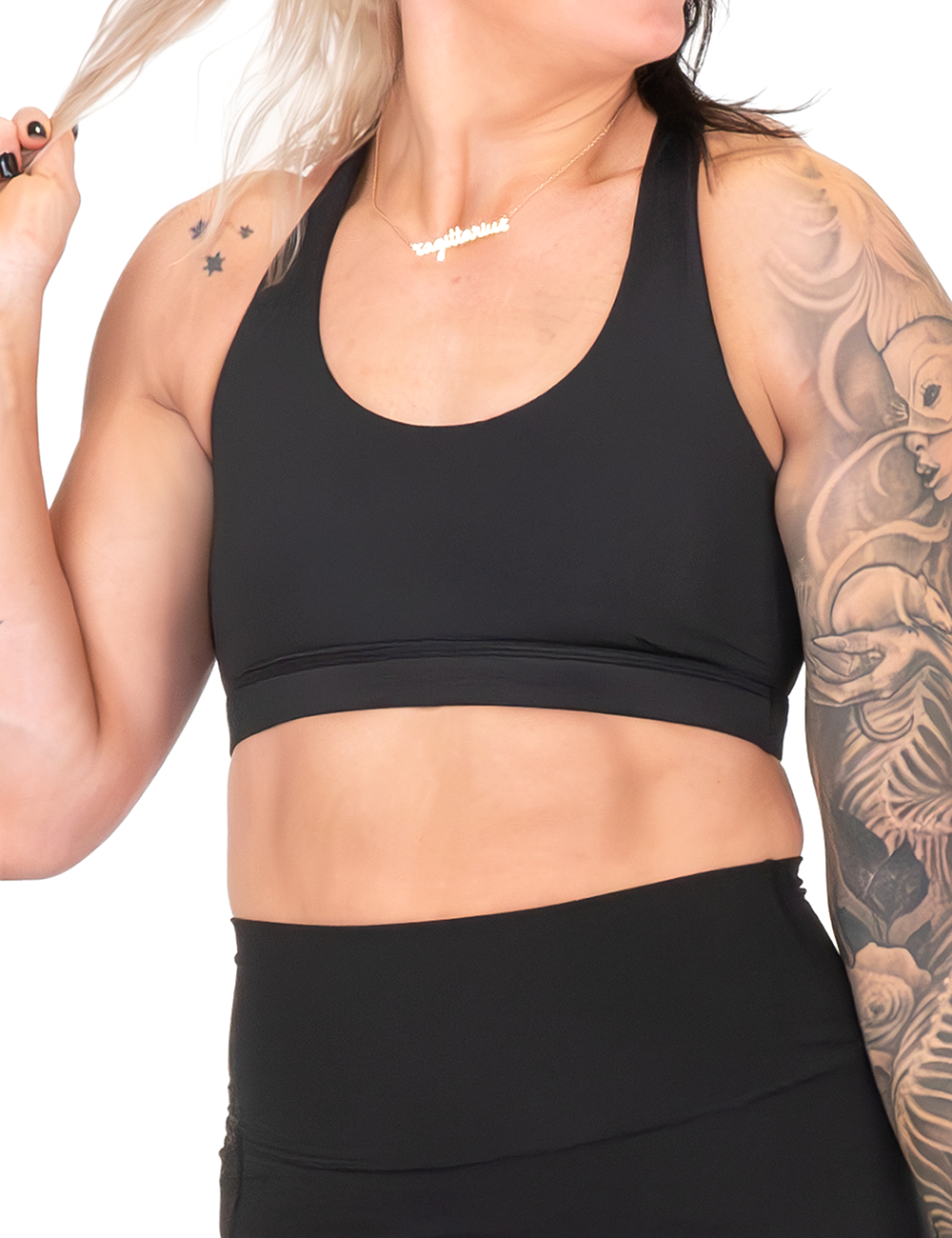 close up of the black butterfly back bra