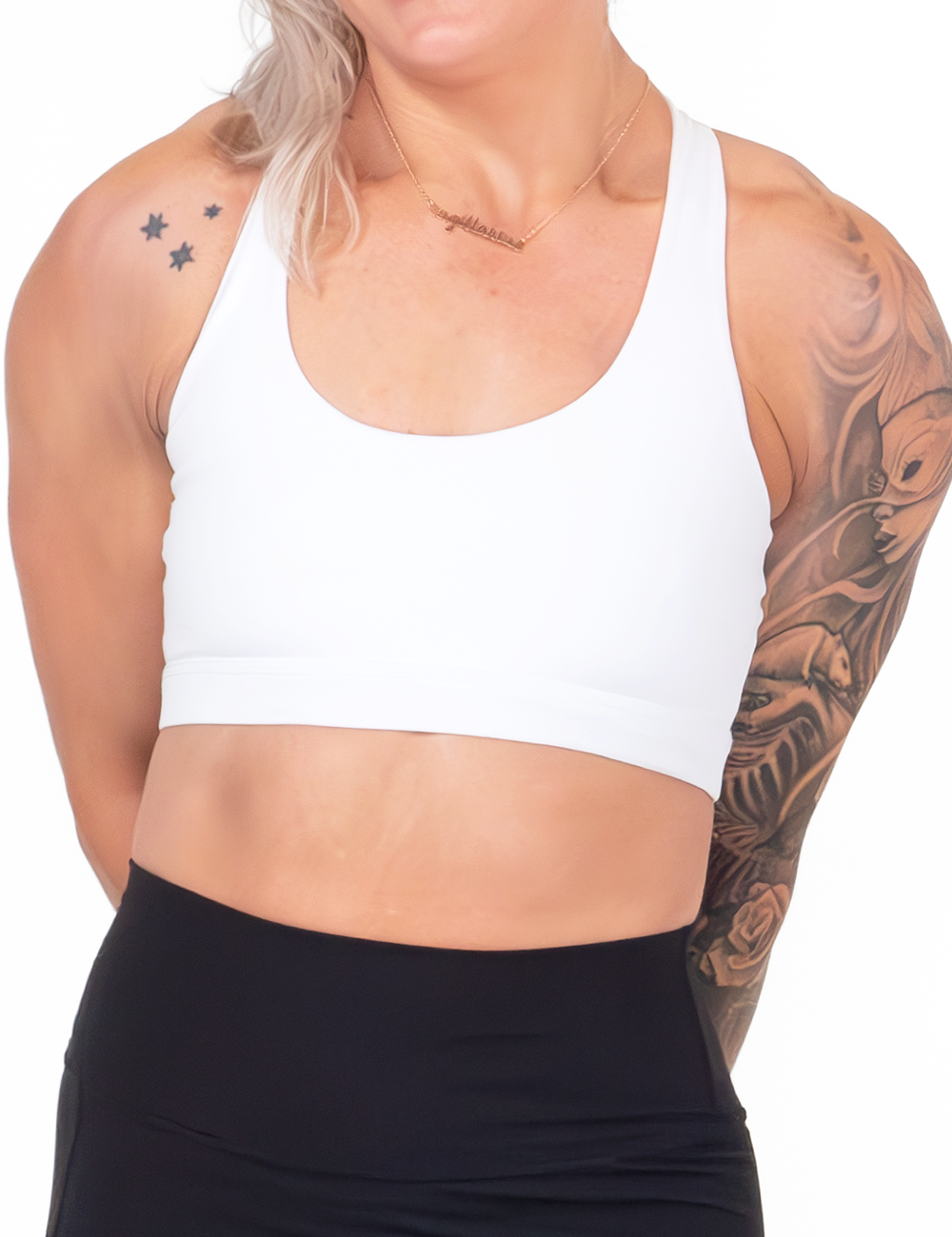 front of the solid white butterfly back bra against a white background