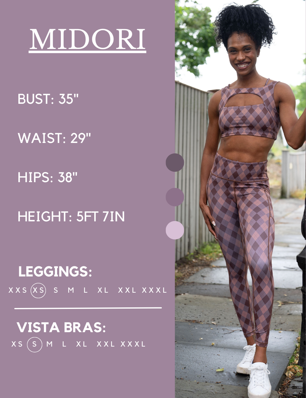 Model’s measurements of 35” bust, 29” waist, 38” hips and height of 5 ft 7 inches. She is wearing a size extra small in our leggings