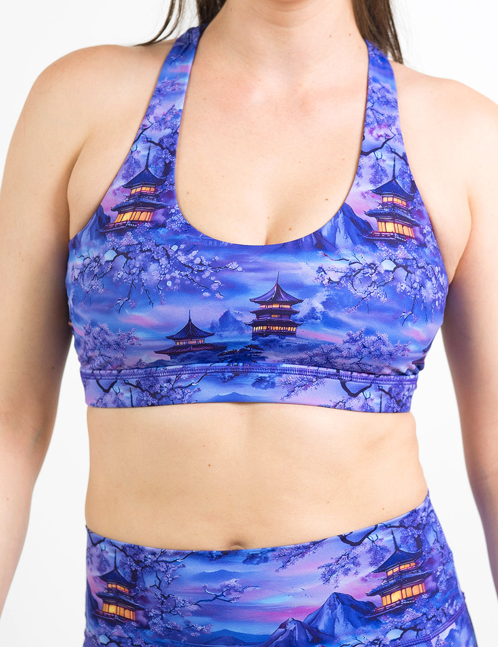 front of the lavender and blue butterfly back bra with traditional pagodas and blooming cherry trees