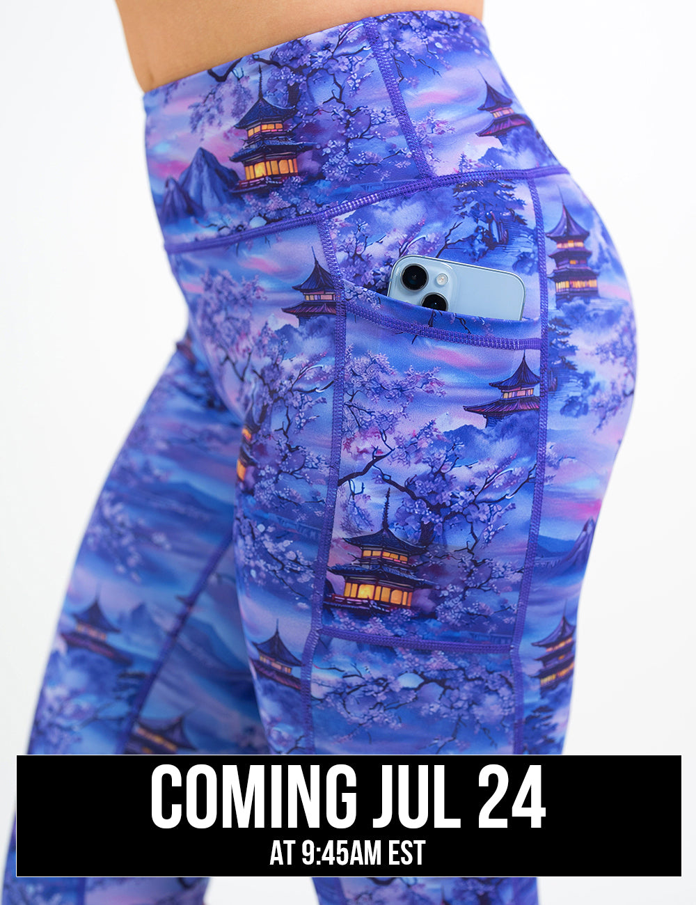 front of the lavender and blue floral full length leggings featuring traditional pagodas and blooming cherry trees coming july 24th