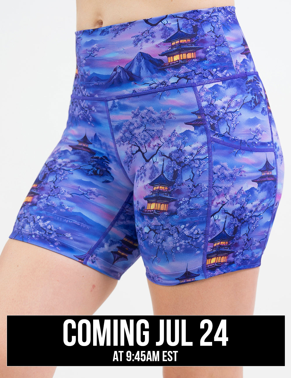 front of the 5 inch blue and lavender shorts with traditional pagodas and blooming cherry trees coming july 24th