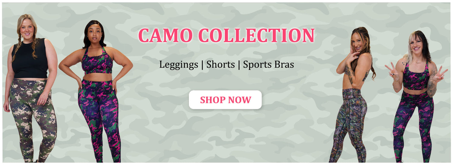click to shop the new camo collection. Available in leggings, shorts, & sports bras