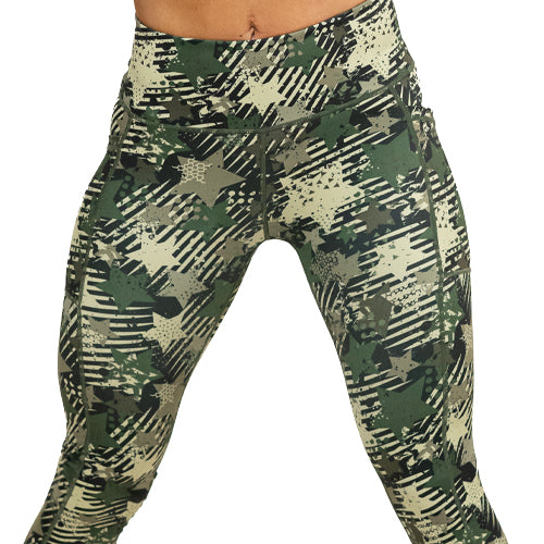 close up of camo star leggings
