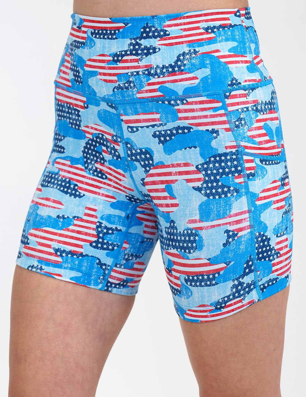 5 inch camo flag print shorts against a white background