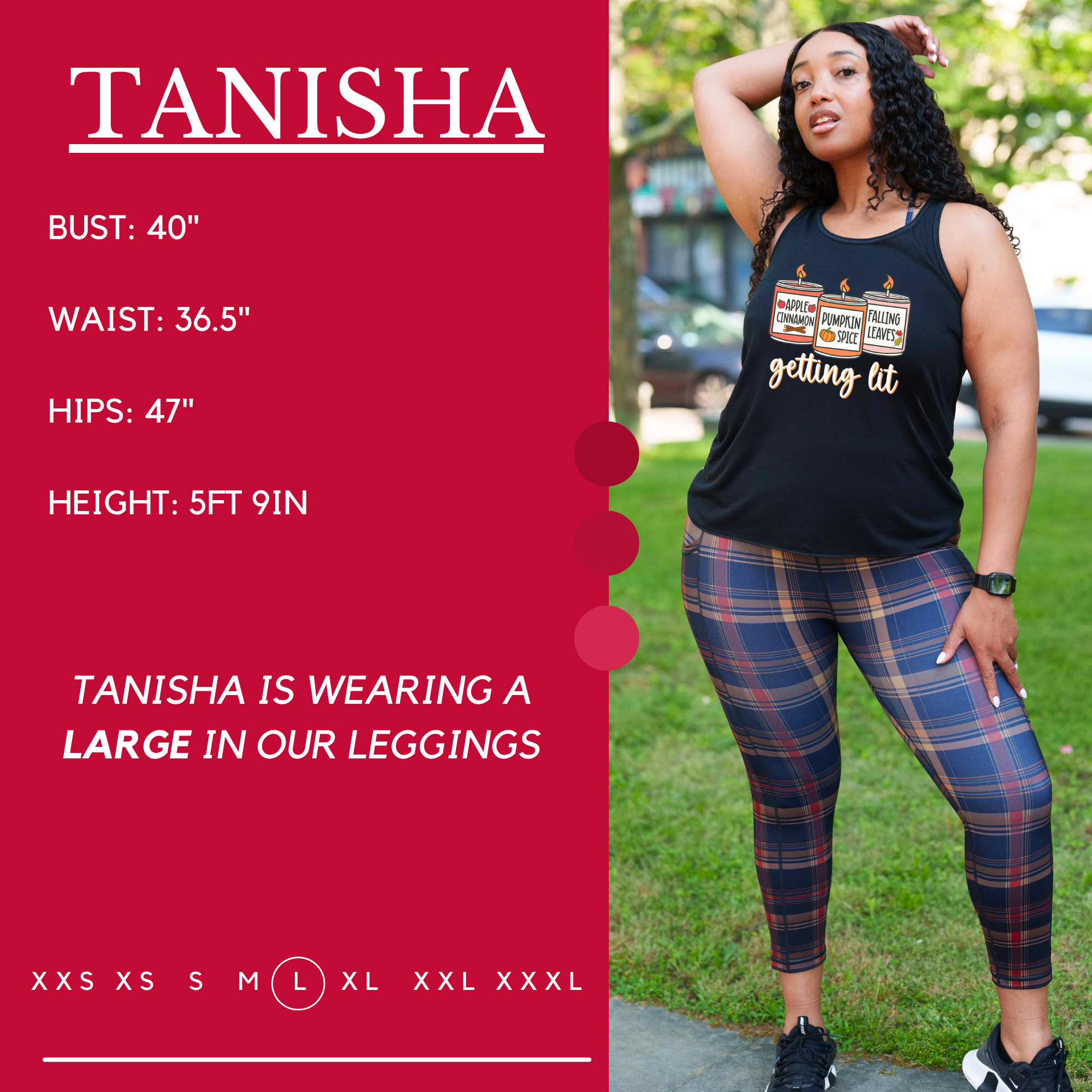 Graphic showing the measurements of a model and what size she wears for the leggings and bra. Her bust is 40 inches, waist is 36.5 inches, hips are 47 inches, and height is 5 foot and 9 inches. She wears a large in the leggings and bra