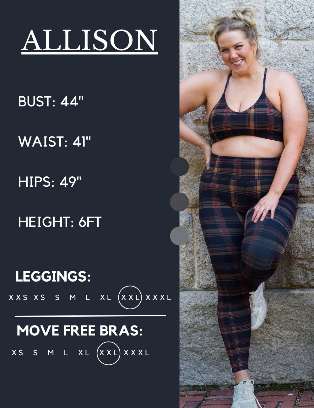 Model’s measurements of 44” bust, 41” waist, 49” hips and height of 6 feet. She is wearing a size extra extra large in our leggings