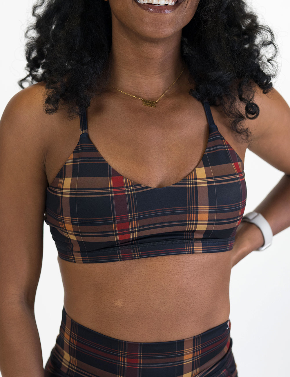 front of the black, red, and yellow plaid bra against a white background