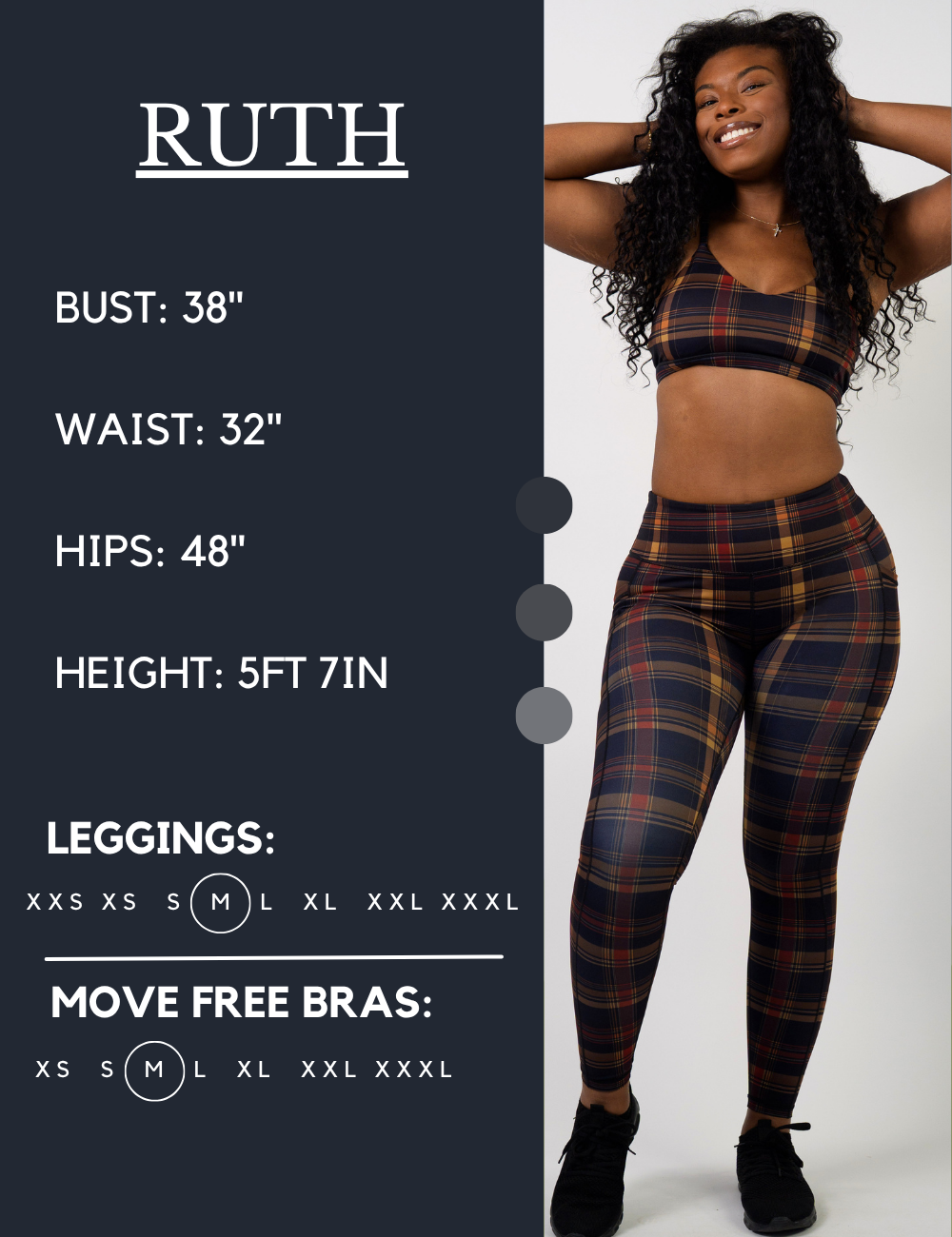 Model’s measurements of 38” bust, 32” waist, 48” hips and height of 5 ft 7 inches. She is wearing a size medium in our leggings