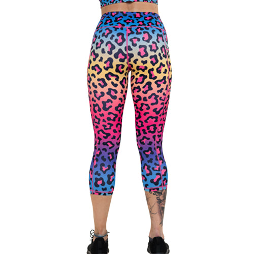 back of capri length rainbow leopard leggings