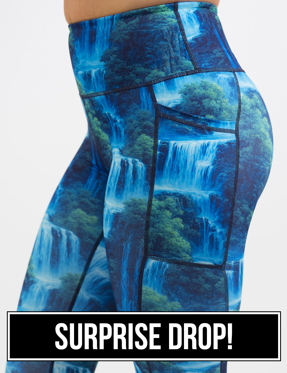 close up of the front of the waterfall leggings, surprise drop
