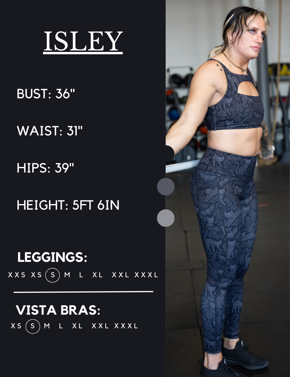 Model’s measurements of 36” bust, 31” waist, 39” hips and height of 5 ft 6 inches. She is wearing a size small in our leggings