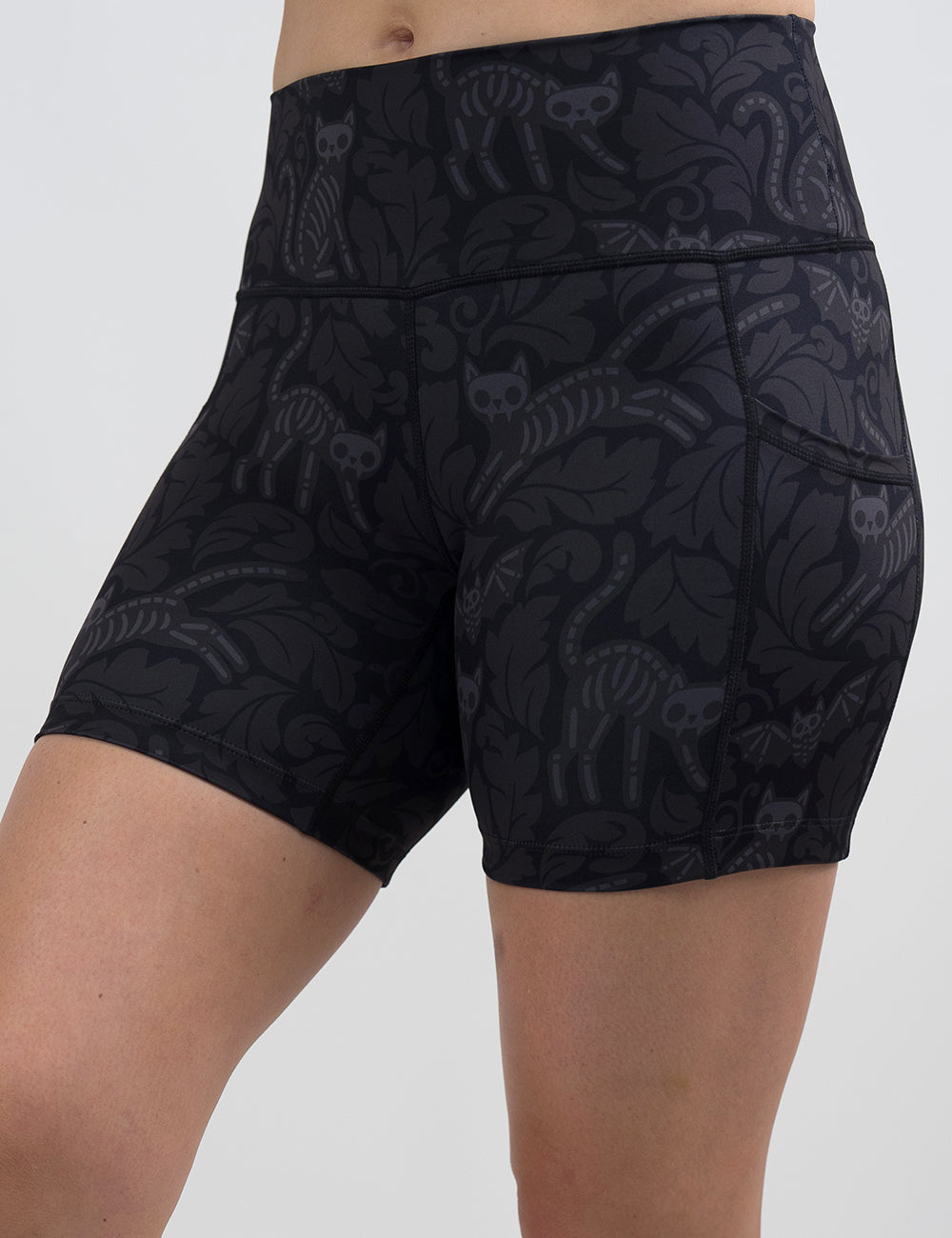 front of the black and grey bats and cats skeleton 5 inch shorts against a white background