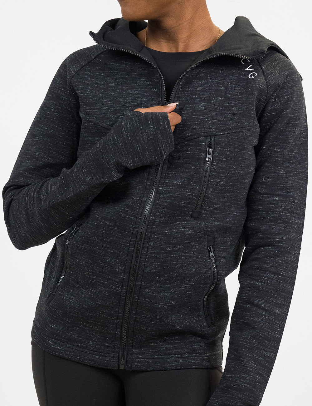 front of the charcoal rest day zip up sweatshirt against a white background