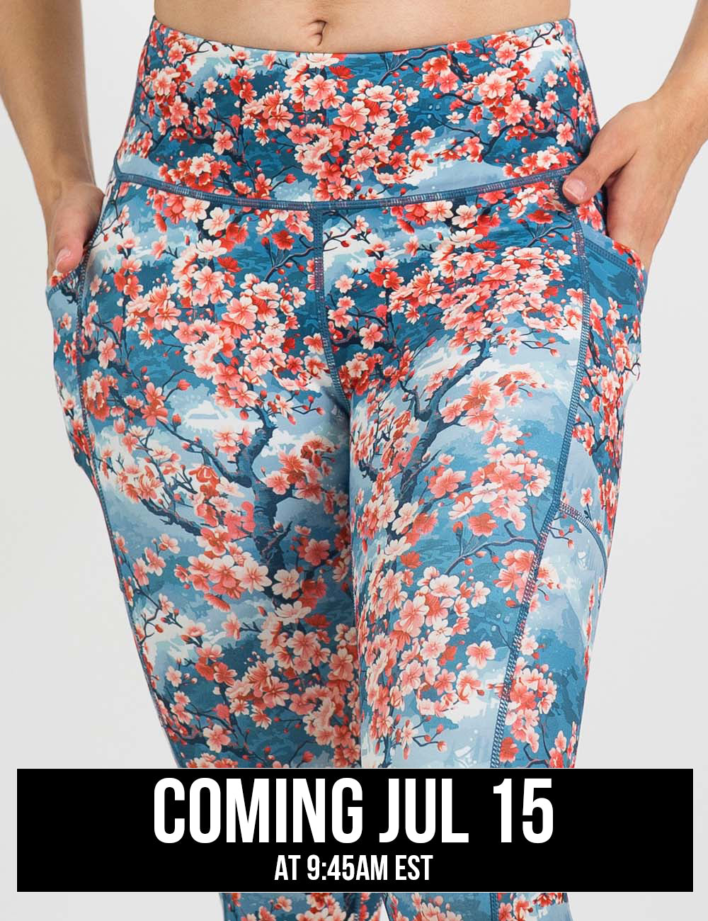 close up of the cherry blossom tree leggings, coming july 15th