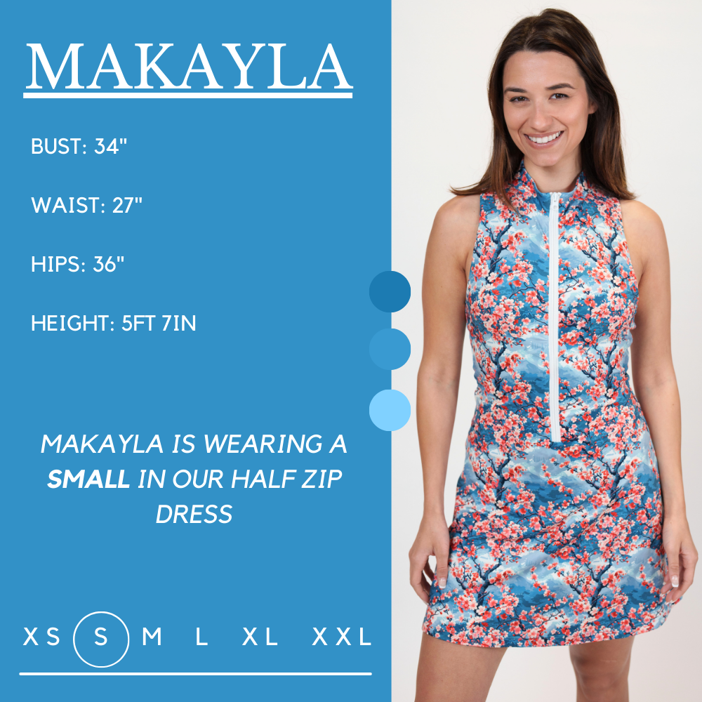 Model’s measurements of 34” bust, 27” waist, 36” hips and height of 5 ft 7 in. She is wearing a size small in our half zip dress