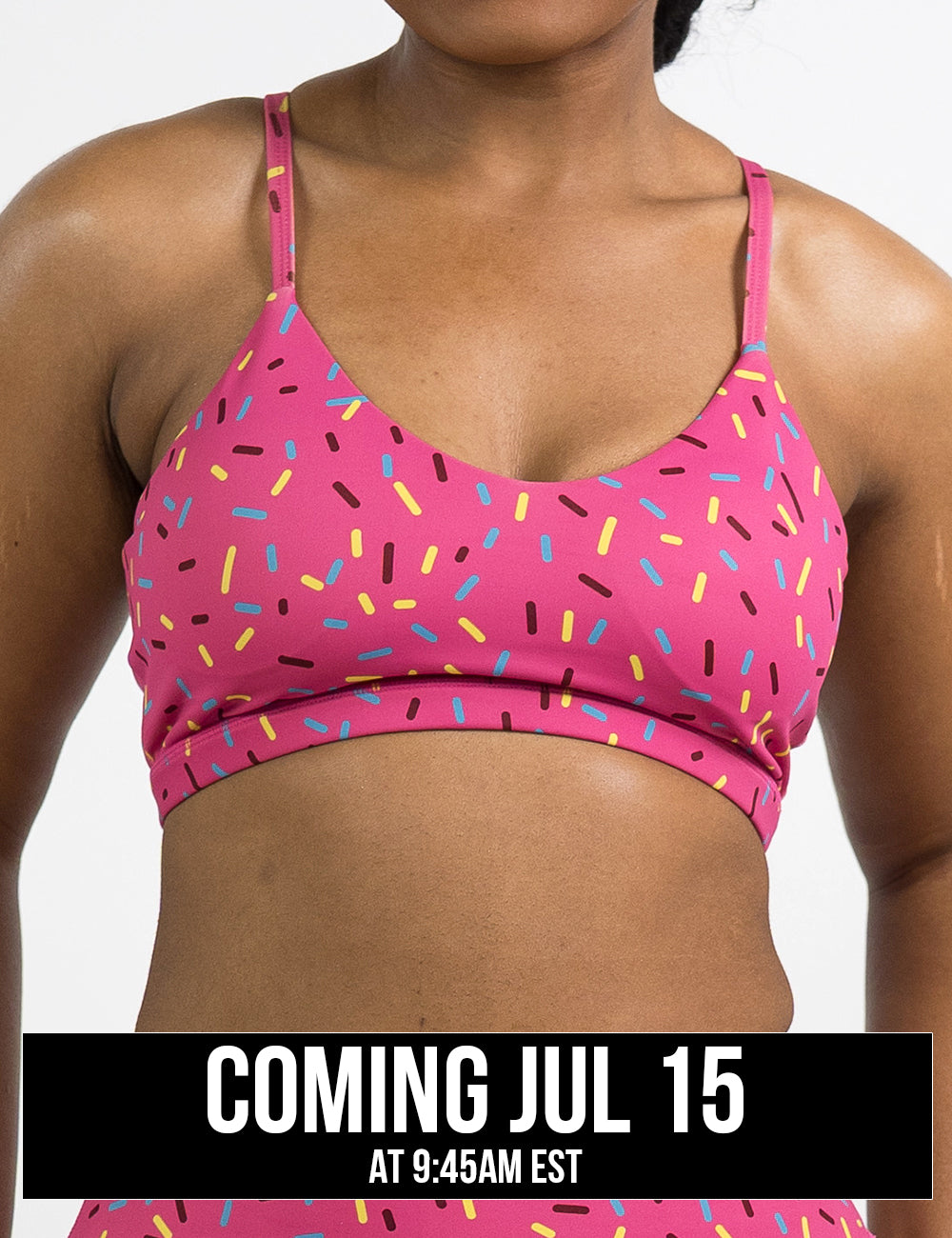 front of the pink move free bra with a sprinkles pattern against a white background, coming july 15th