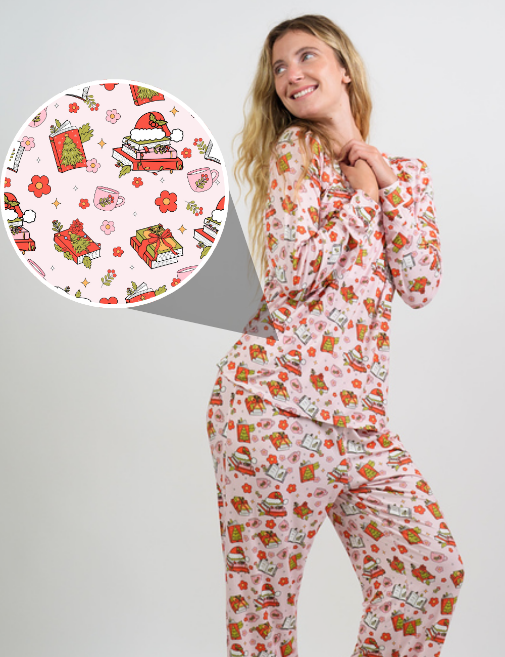 model wearing the Christmas books and hot cocoa pink pajama top and bottoms with a close up of the print 