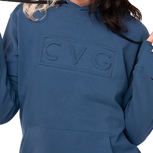 close up of the navy cvg logo embossed hoodie