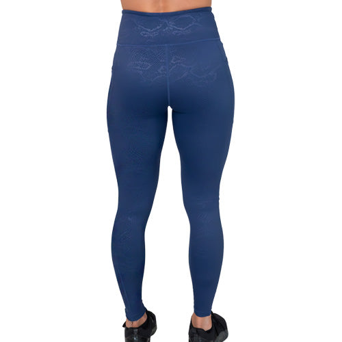 back view of blue snakeskin print leggings