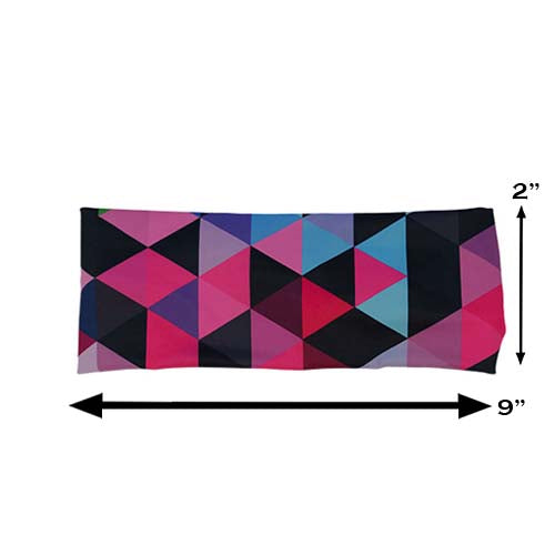 rainbow color block patterned headband measured at 2 by 9 inches