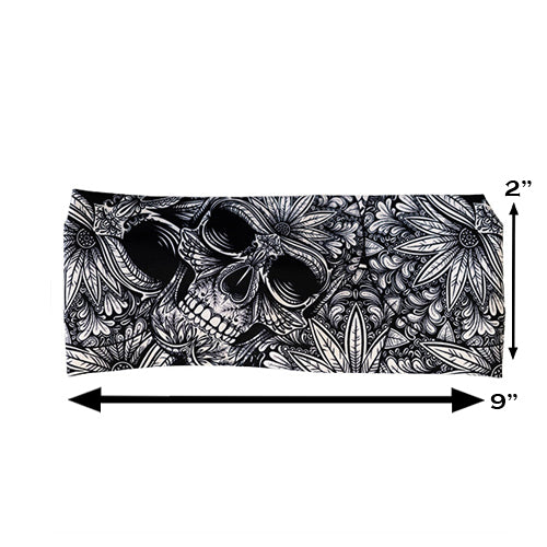black and white skull print headband measured at 2 by 9 inches
