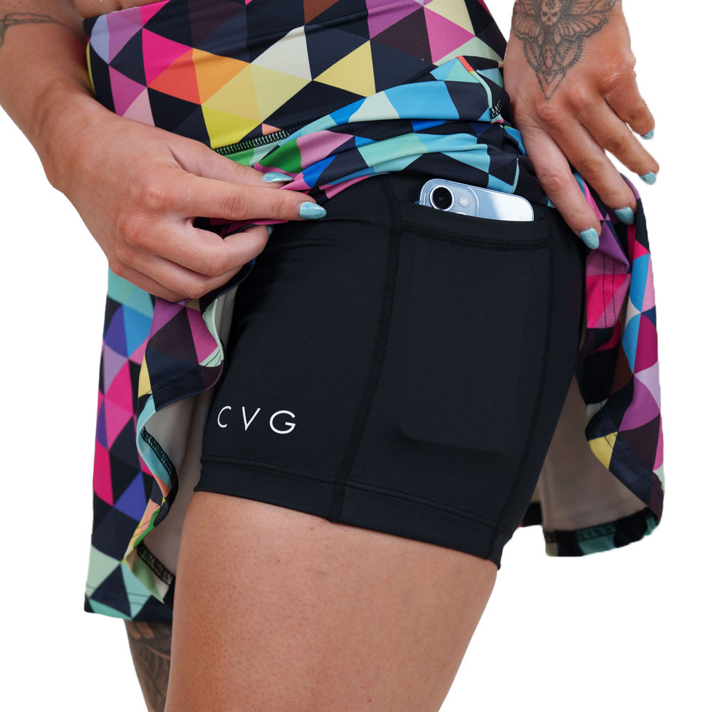 shorts underneath the color block skirt