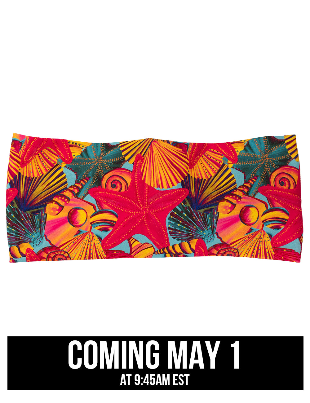 front of the red starfish with a yellow and blue shell background headband, coming may 1st