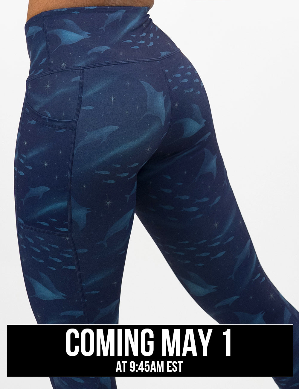 front of the dark blue ocean filled with sting rays, whales, and fish leggings coming may 1st