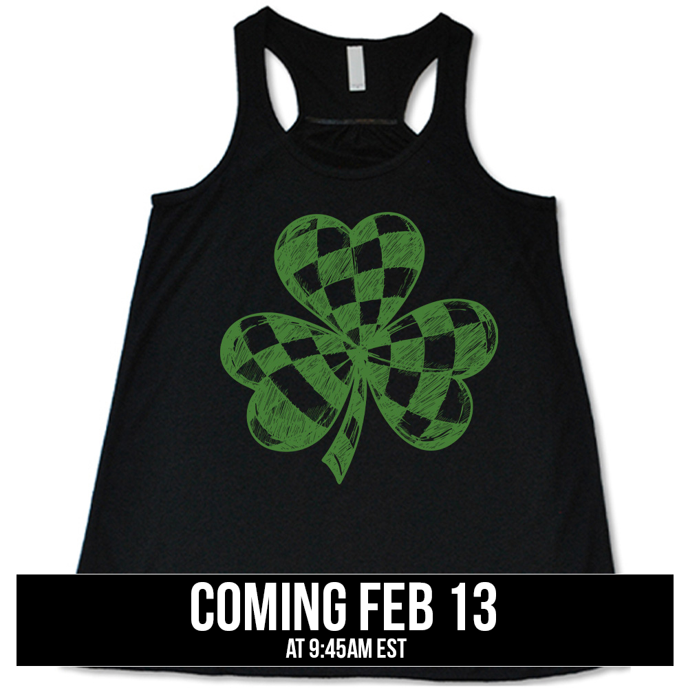 black flowy tank with the large graphic of a shamrock that is checkered on the inside, coming soon