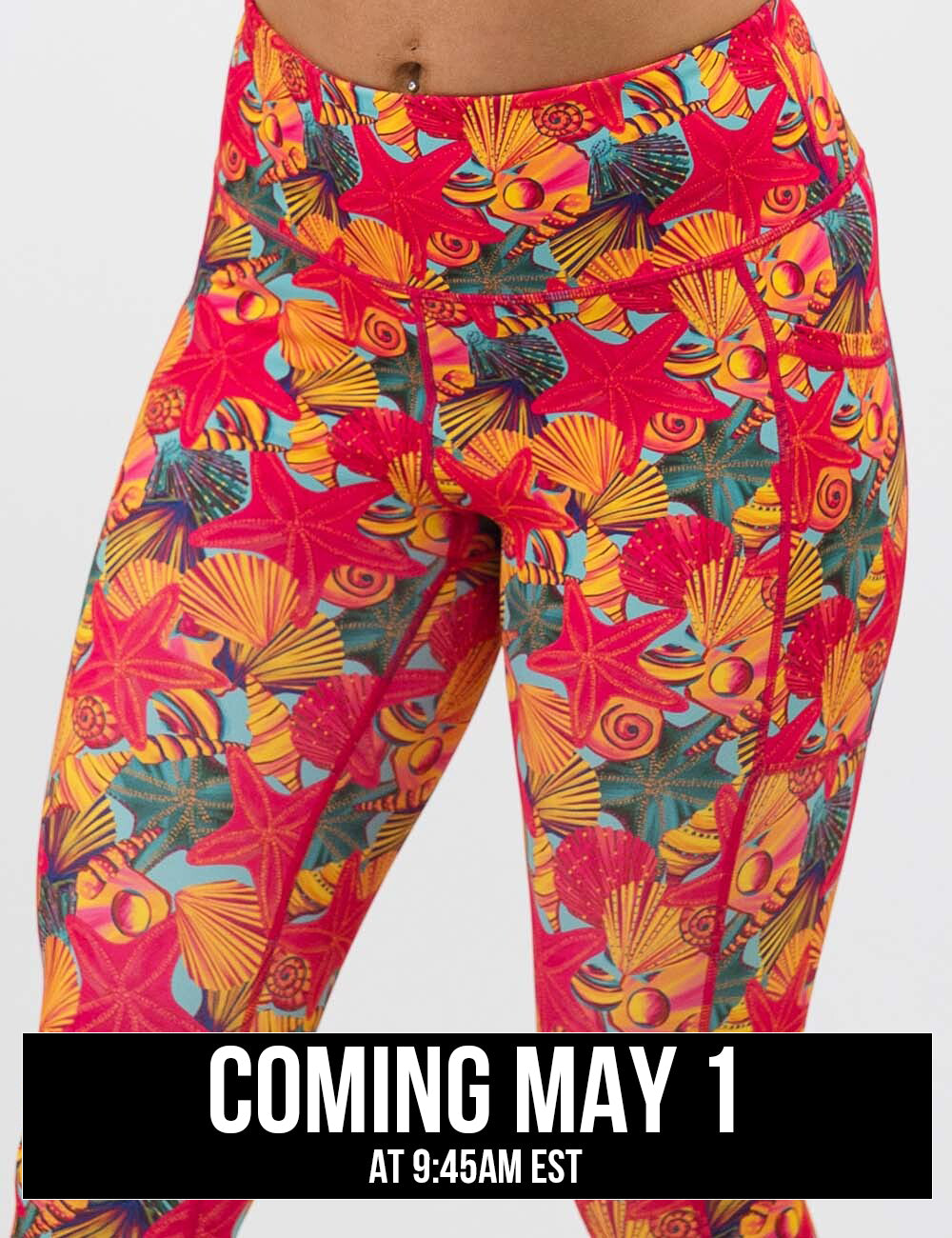 front of the red starfish with a yellow and blue shell background leggings, coming may 1st