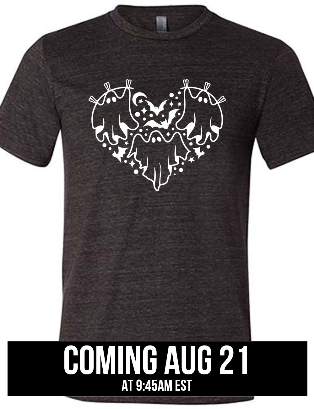 black unisex tee with the graphic of a heart that is made up of three ghosts, bats, stars, dots and a moon, coming august 21st