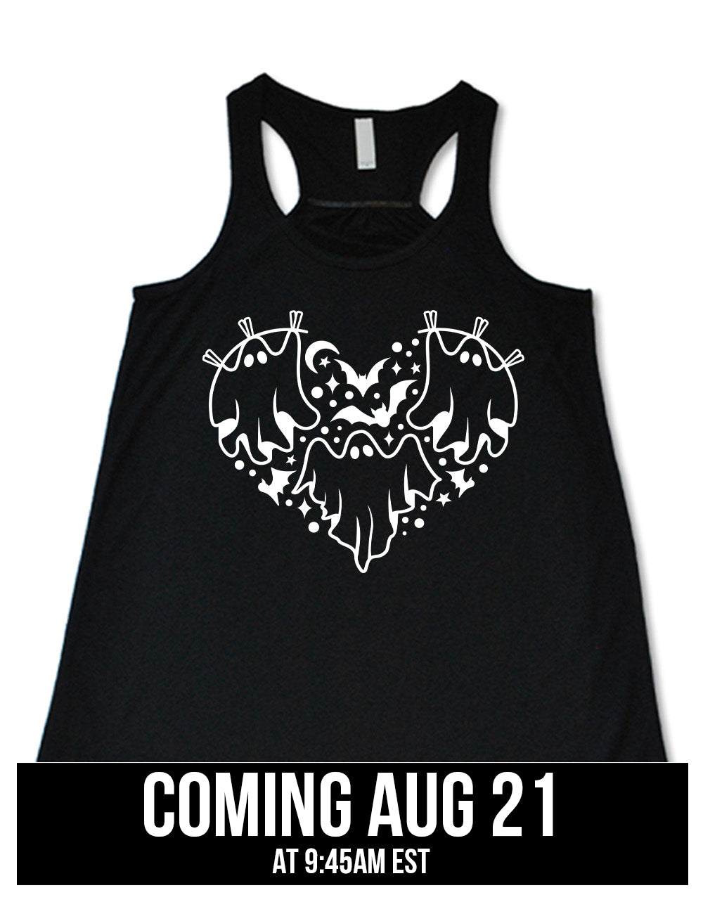black flowy racerback tank with the graphic of a heart that is made up of three ghosts, bats, stars, dots and a moon, coming august 21st