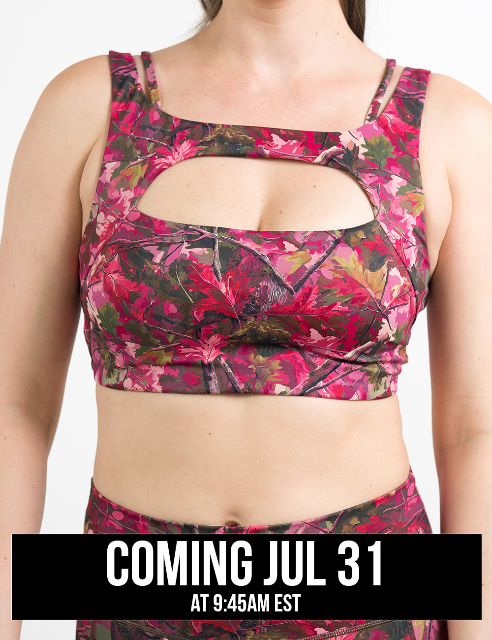 front of the pink forest camo vista bra, coming july 31st