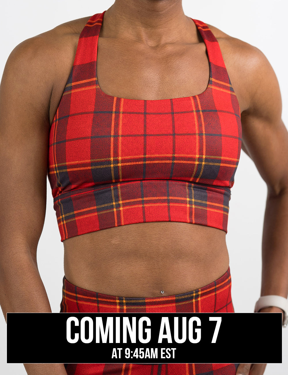 front of the red, dark red, and yellow plaid bra coming august 7th